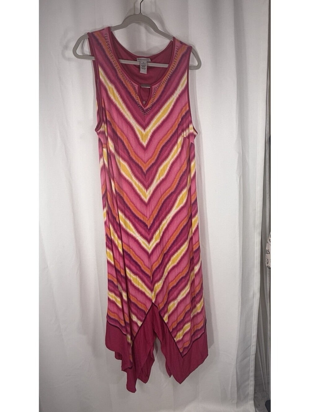 Catherines Plus 1X Pink Chevron Ikat Maxi Handkerchief Hem Studded Boho Sundress